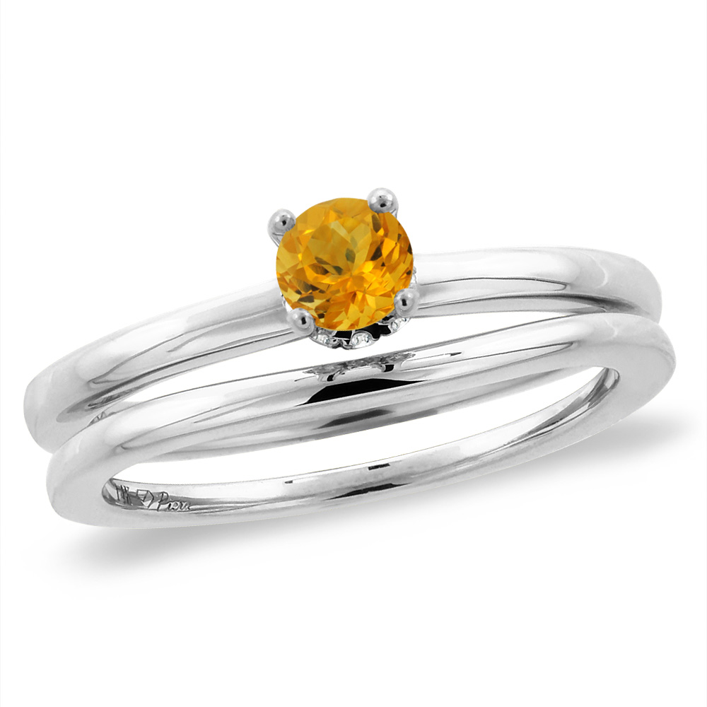 14K White Gold Diamond Natural Citrine 2pc Solitaire Engagement Ring Set Round 4 mm, size5-10