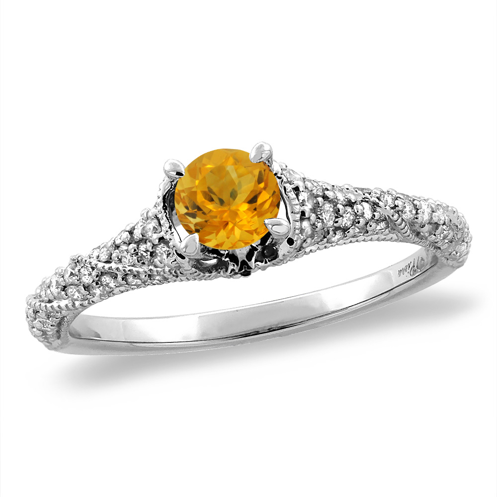 14K White/Yellow Gold Diamond Natural Citrine Engagement Ring Round 4 mm, sizes 5 -10
