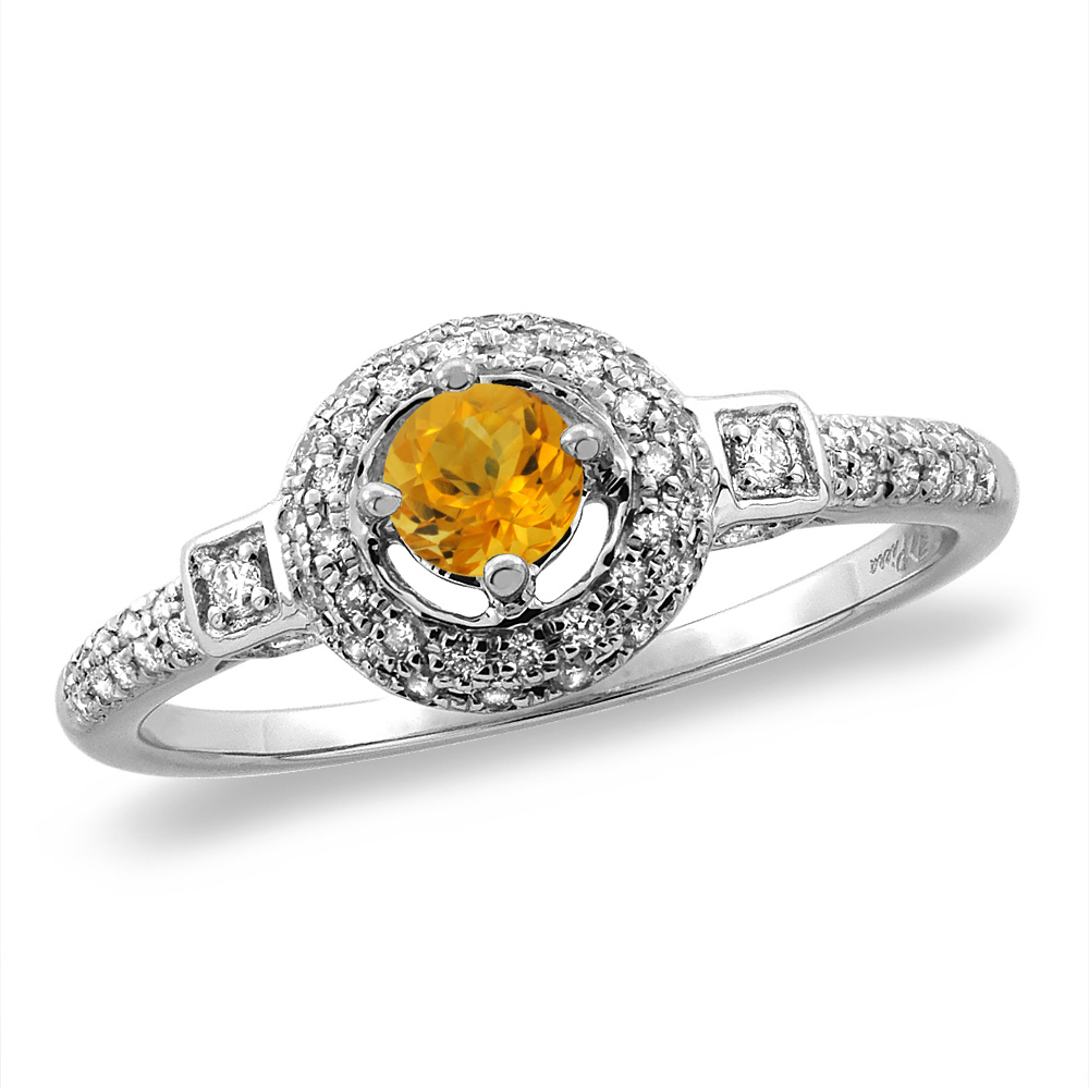 14K White/Yellow Gold Diamond Natural Citrine Halo Engagement Ring Round 4 mm, sizes 5 -10