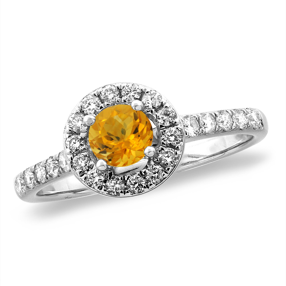 14K White/Yellow Gold Diamond Natural Citrine Halo Engagement Ring Round 4 mm, sizes 5 -10