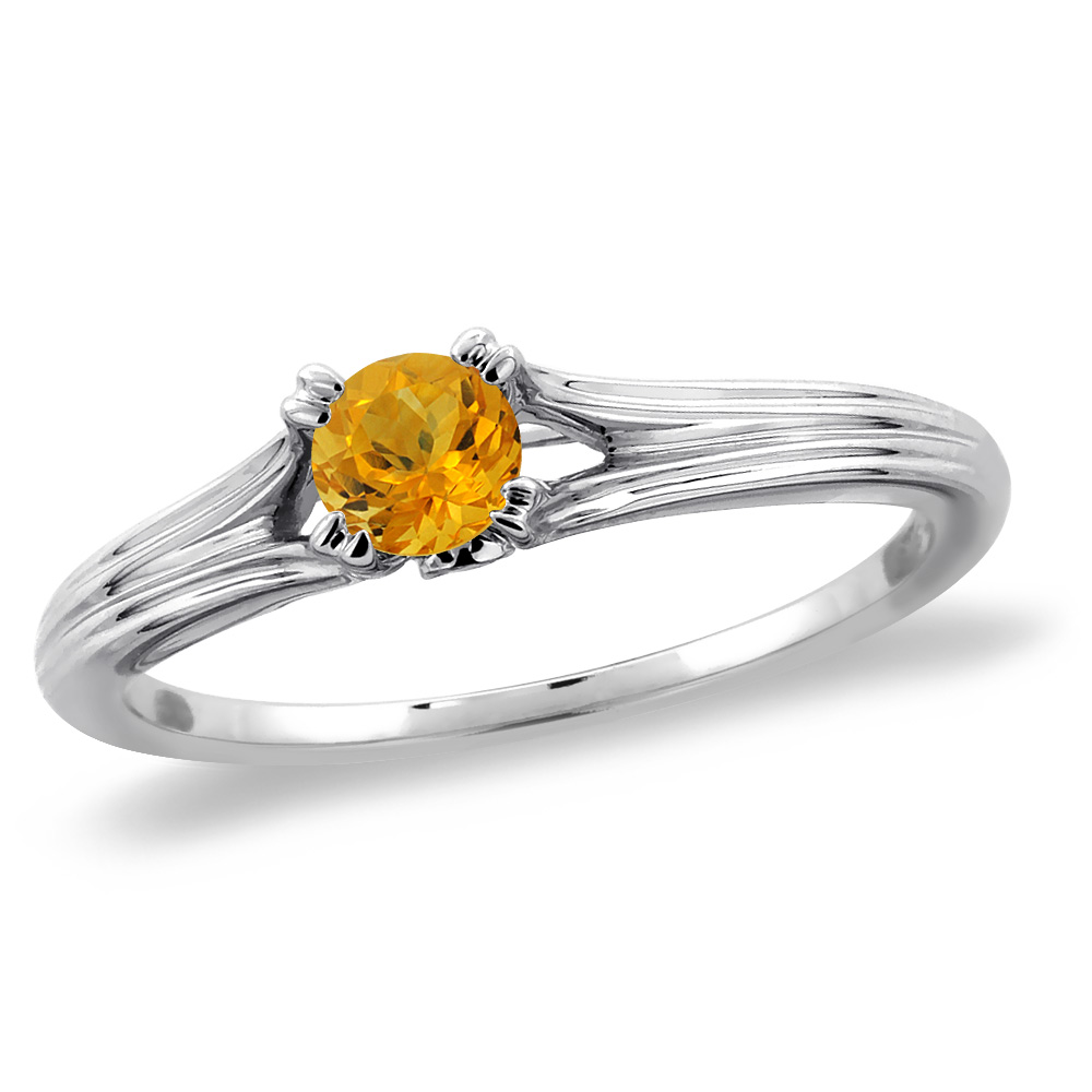 14K White Gold Diamond Natural Citrine Solitaire Engagement Ring Round 4 mm, sizes 5 -10