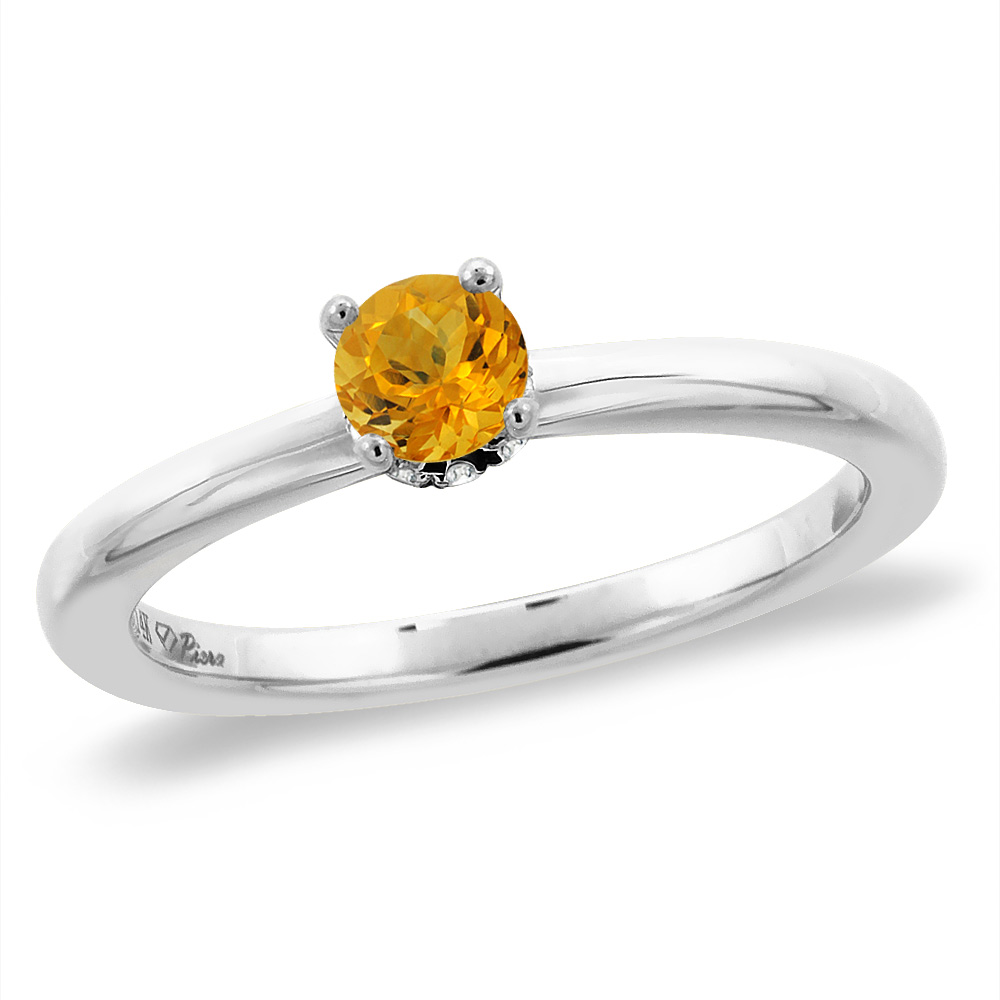 14K White Gold Diamond Natural Citrine Solitaire Engagement Ring Round 6 mm, sizes 5 -10