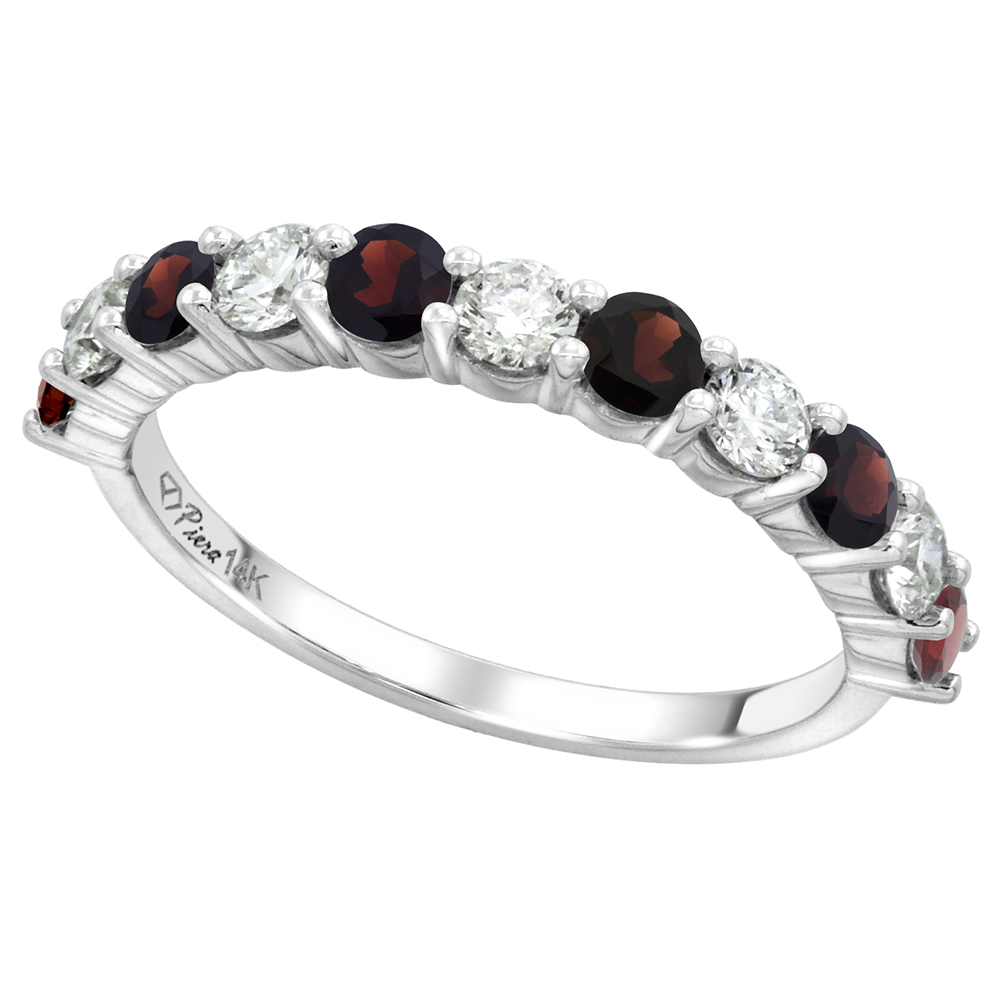 14k White Gold Genuine Garnet & Diamond 11 Stone Ring Round Brilliant cut 0.6ct 3mm, size 5-10