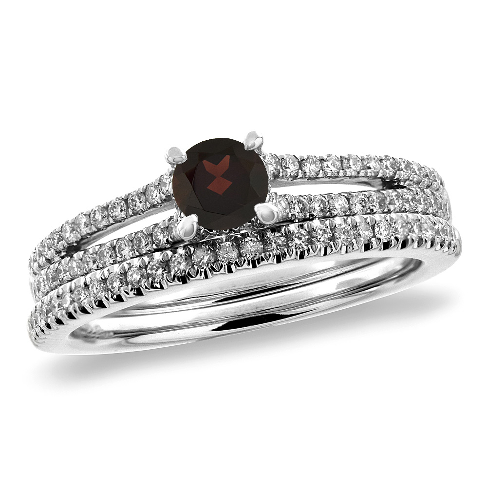 14K White Gold Diamond Natural Garnet 2pc Engagement Ring Set Round 5 mm, sizes 5-10