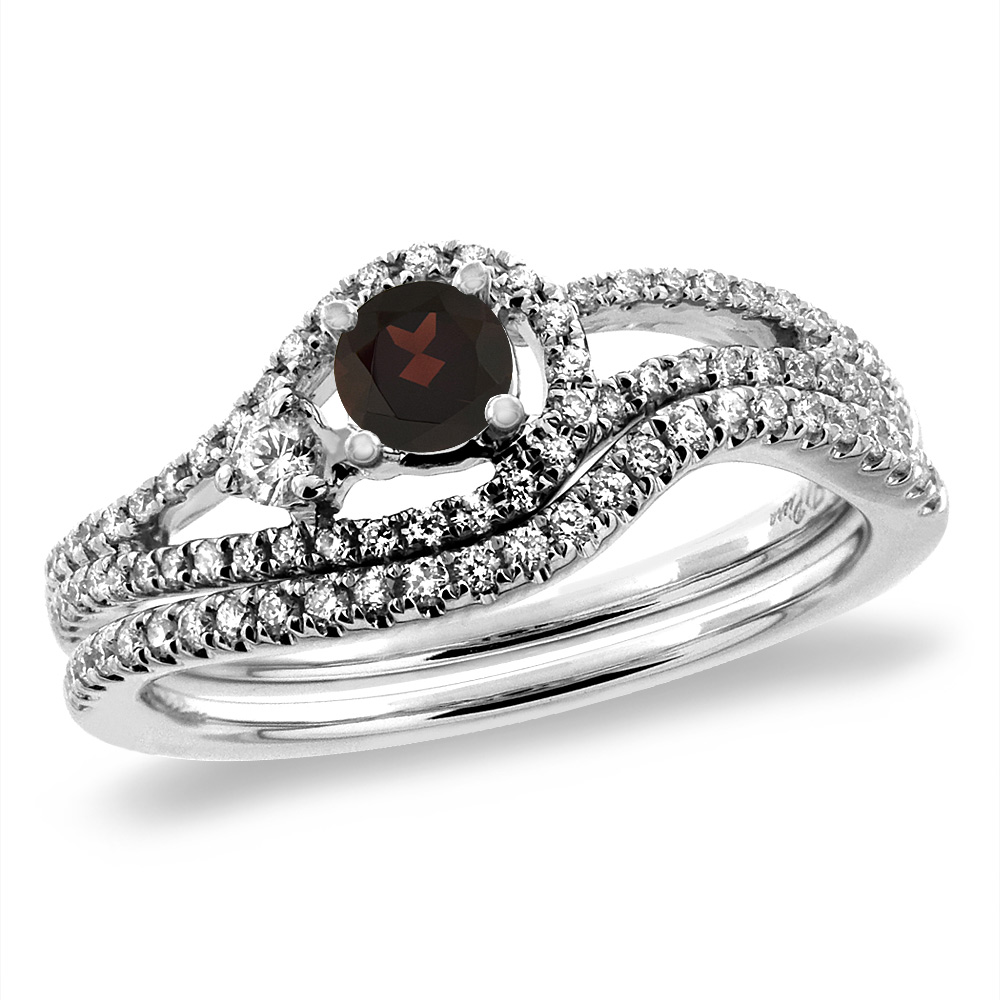 14K White Gold Diamond Natural Garnet 2pc Engagement Ring Set Round 5 mm, sizes 5-10