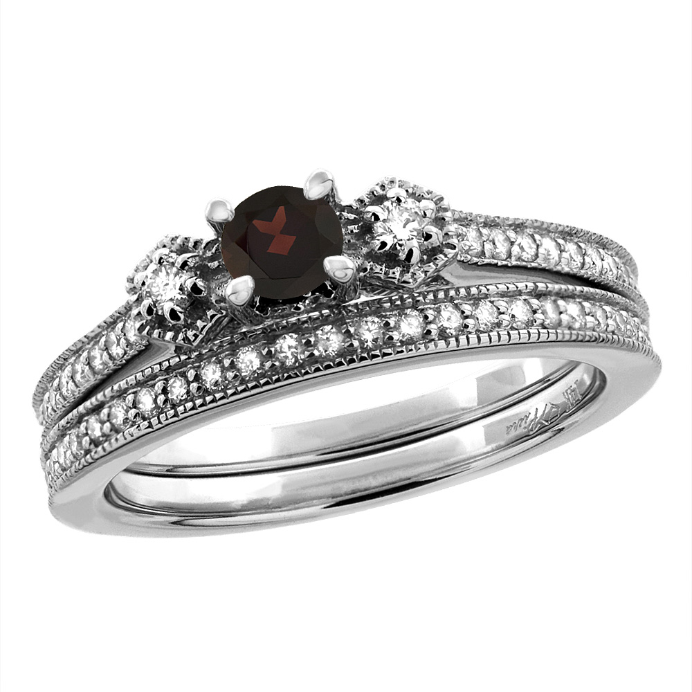 14K White/Yellow Gold Diamond Natural Garnet 2pc Engagement Ring Set Round 4 mm, sizes 5 - 10
