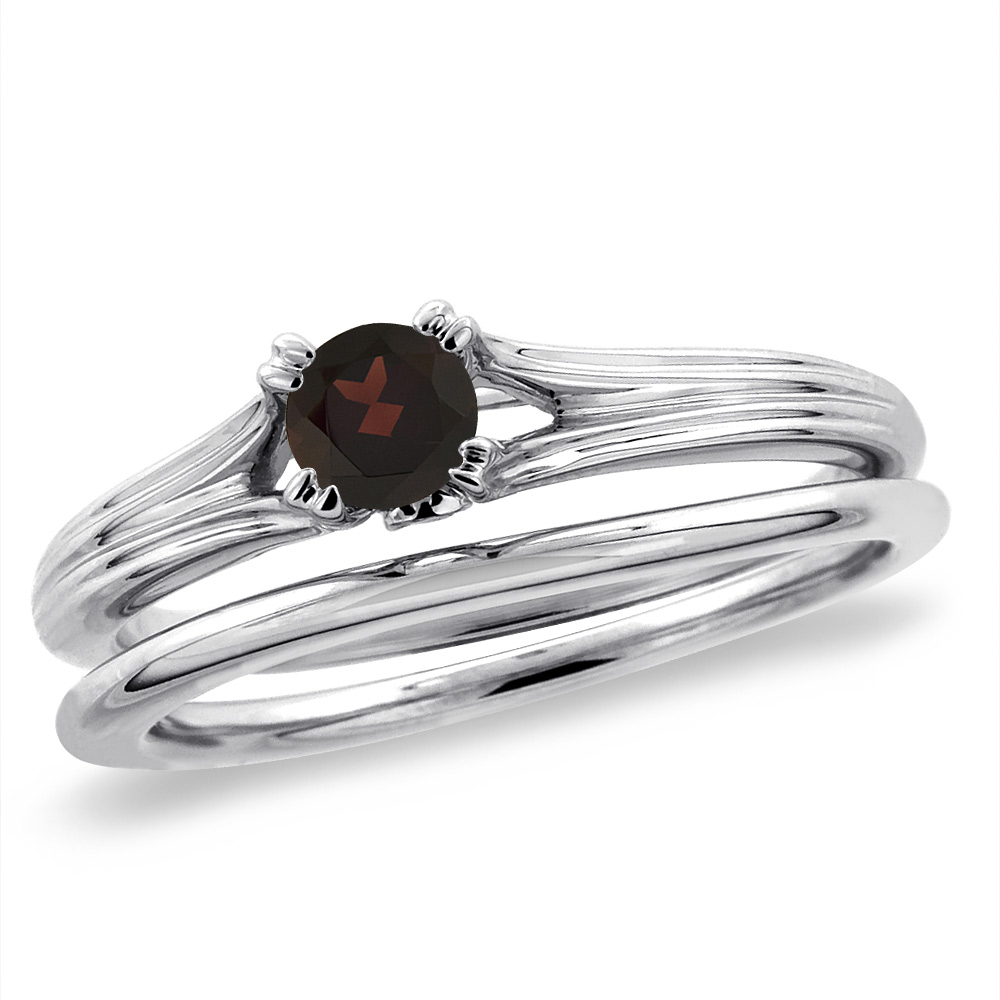 14K White Gold Diamond Natural Garnet 2pc Solitaire Engagement Ring Set Round 4 mm, size5-10