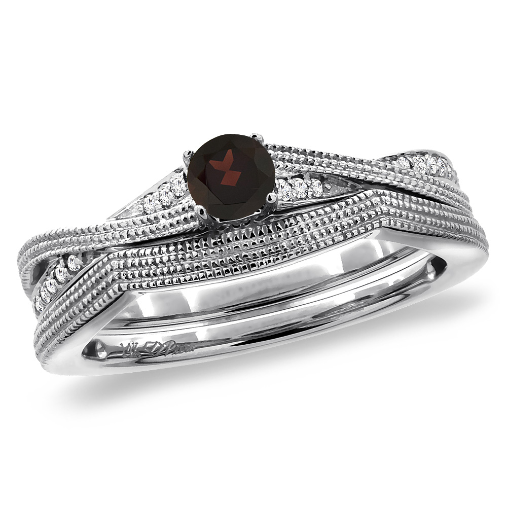 14K White Gold Diamond Natural Garnet 2pc Engagement Ring Set Round 4 mm, sizes 5 - 10
