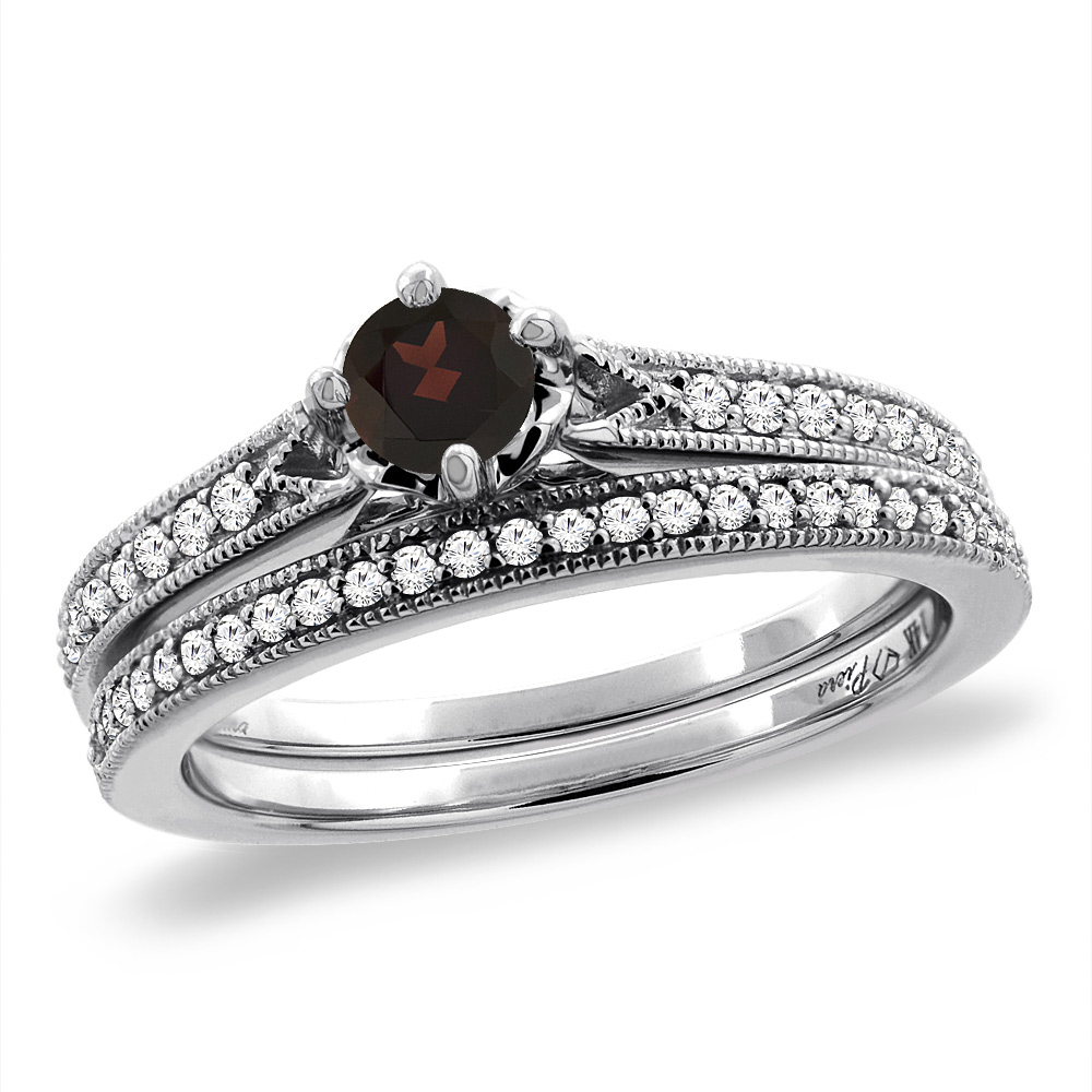 14K White Gold Diamond Natural Garnet 2pc Engagement Ring Set Round 4 mm, sizes 5 - 10