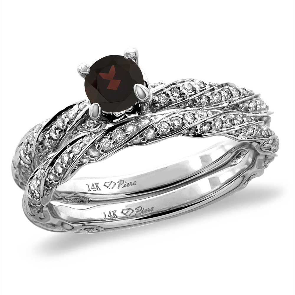 14K White/Yellow Gold Diamond Natural Garnet 2pc Twisted Engagement Ring Set Round 4 mm, size5-10
