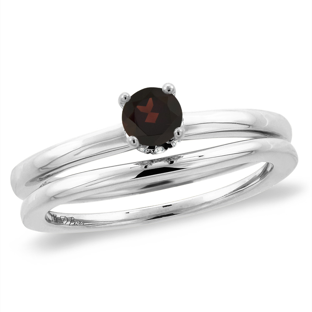 14K White Gold Diamond Natural Garnet 2pc Solitaire Engagement Ring Set Round 4 mm, size5-10
