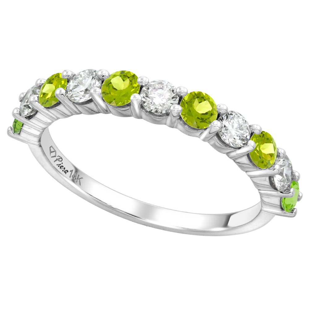 14k White Gold Genuine Peridot & Diamond 11 Stone Ring Round Brilliant cut 0.6ct 3mm, size 5-10