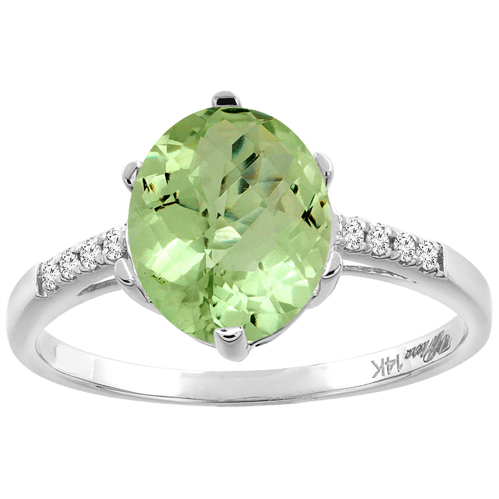 14K White Gold Natural Peridot & Diamond Ring Oval 10x8 mm, sizes 5-10