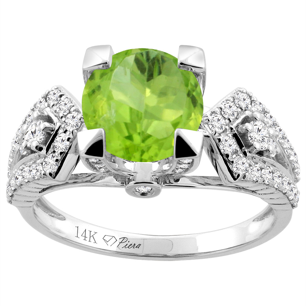 14K Gold Natural Peridot Ring Round 7 mm Diamond Accents, sizes 5 - 10