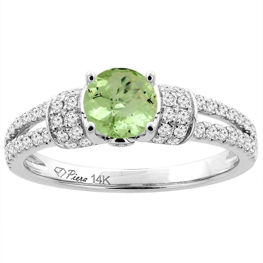14K White Gold Natural Peridot Engagement Ring Round 6 mm & Diamond Accents, sizes 5 - 10