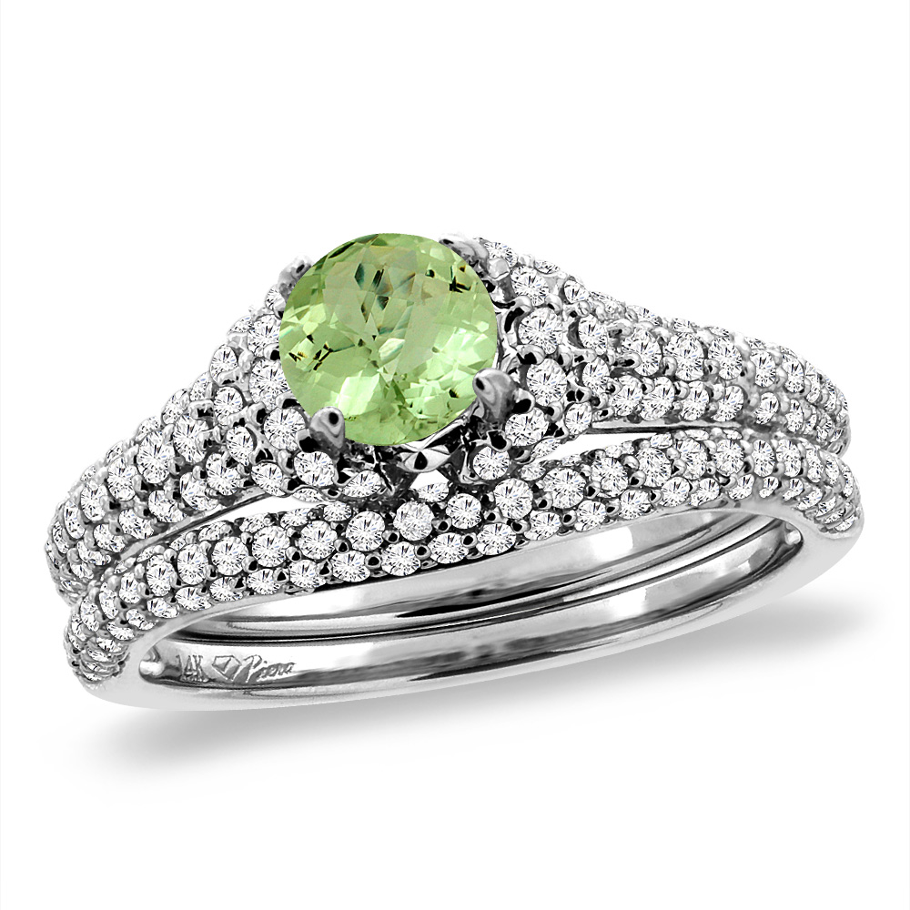 14K White Gold Diamond Natural Peridot 2pc Engagement Ring Set Round 5 mm, sizes 5-10