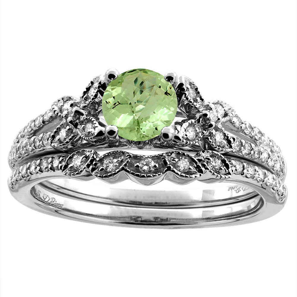 14K White/Yellow Gold Floral Diamond Natural Peridot 2pc Engagement Ring Set Round 5 mm, sizes 5-10