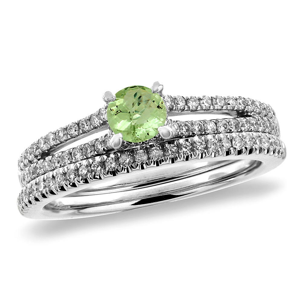 14K White Gold Diamond Natural Peridot 2pc Engagement Ring Set Round 5 mm, sizes 5-10