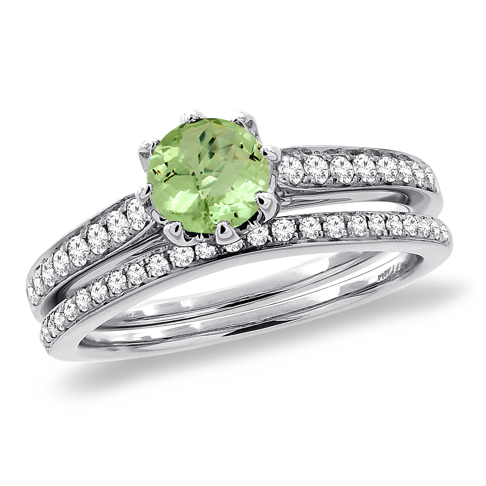 14K White Gold Diamond Natural Peridot 2pc Engagement Ring Set Round 5 mm, sizes 5-10