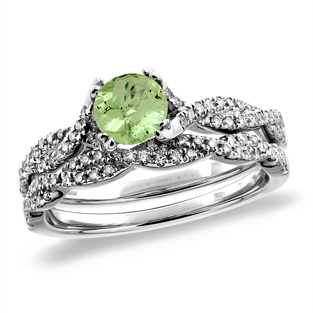 14K White/Yellow Gold Diamond Natural Peridot 2pc Infinity Engagement Ring Set Round 5 mm, sizes 5-10