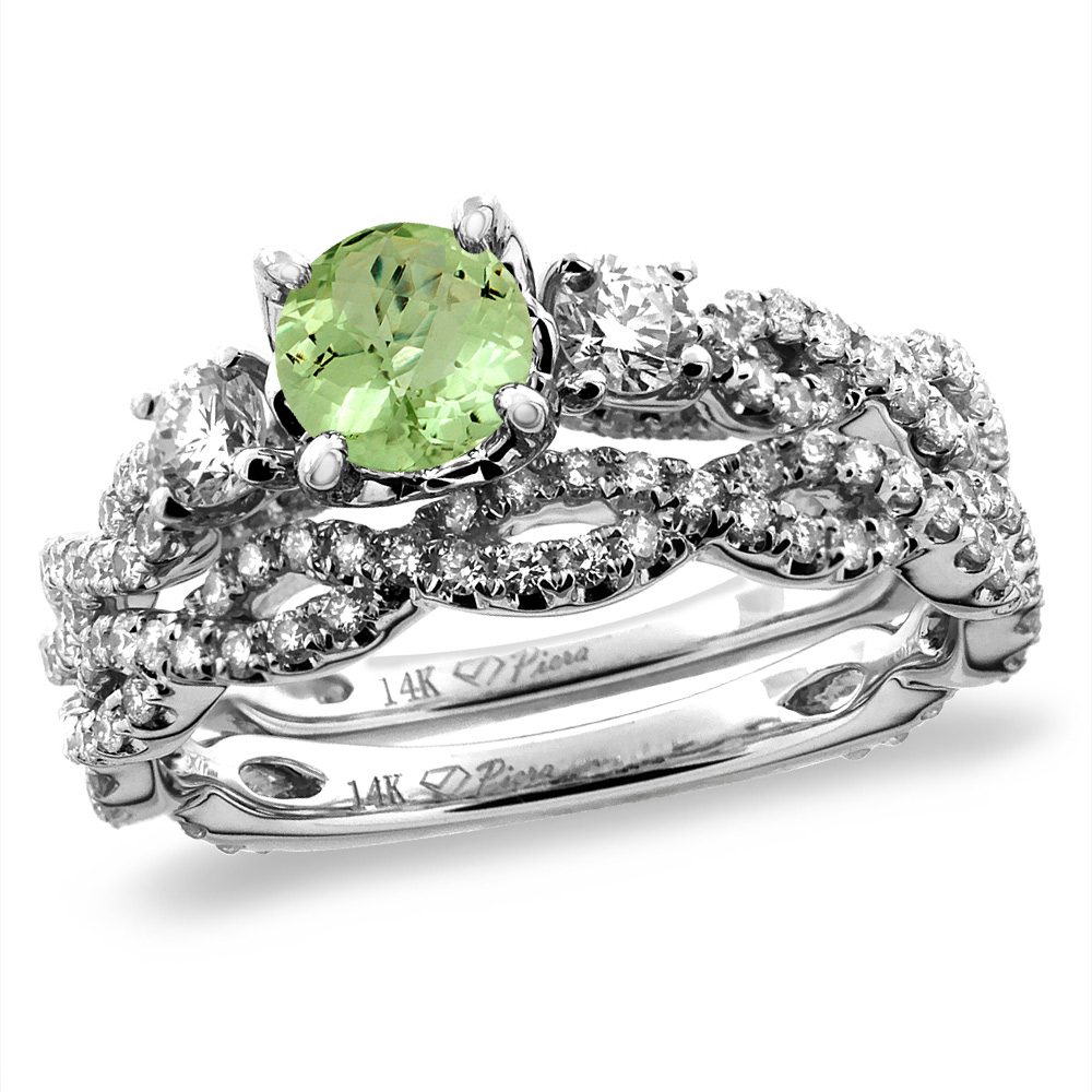 14K White/Yellow Gold Diamond Natural Peridot 2pc Infinity Engagement Ring Set Round 5 mm, sizes 5-10