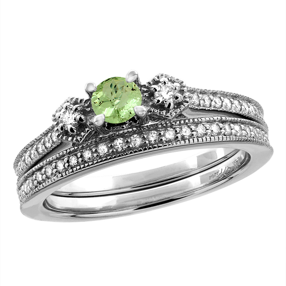 14K White/Yellow Gold Diamond Natural Peridot 2pc Engagement Ring Set Round 4 mm, sizes 5 - 10