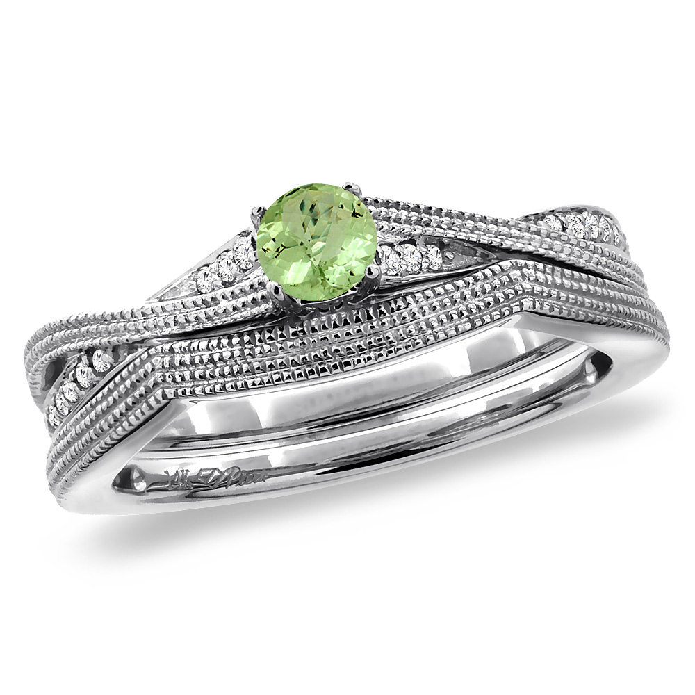 14K White Gold Diamond Natural Peridot 2pc Engagement Ring Set Round 4 mm, sizes 5 - 10