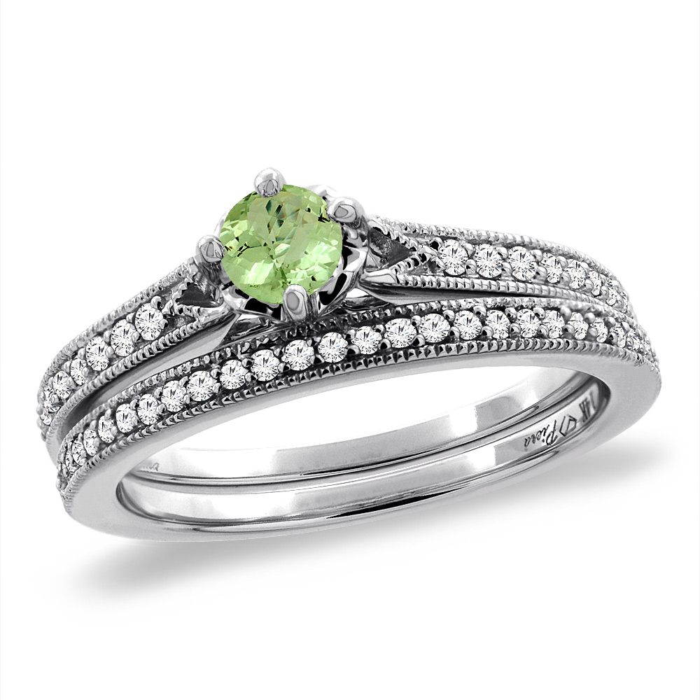 14K White Gold Diamond Natural Peridot 2pc Engagement Ring Set Round 4 mm, sizes 5 - 10