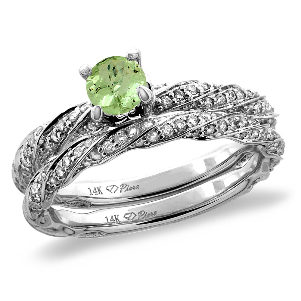 14K White/Yellow Gold Diamond Natural Peridot 2pc Twisted Engagement Ring Set Round 4 mm, size5-10