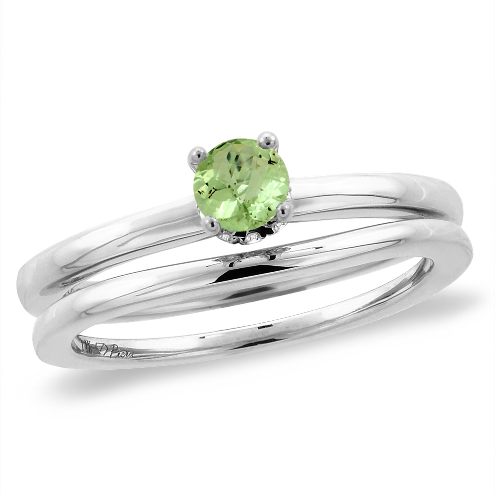 14K White Gold Diamond Natural Peridot 2pc Solitaire Engagement Ring Set Round 4 mm, size5-10
