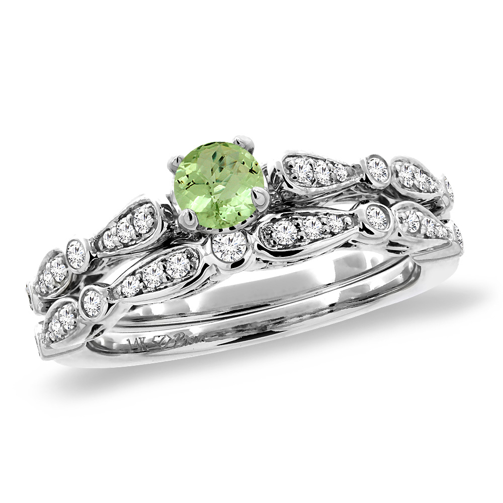 14K White Gold Diamond Natural Peridot 2pc Engagement Ring Set Round 4 mm, size5-10