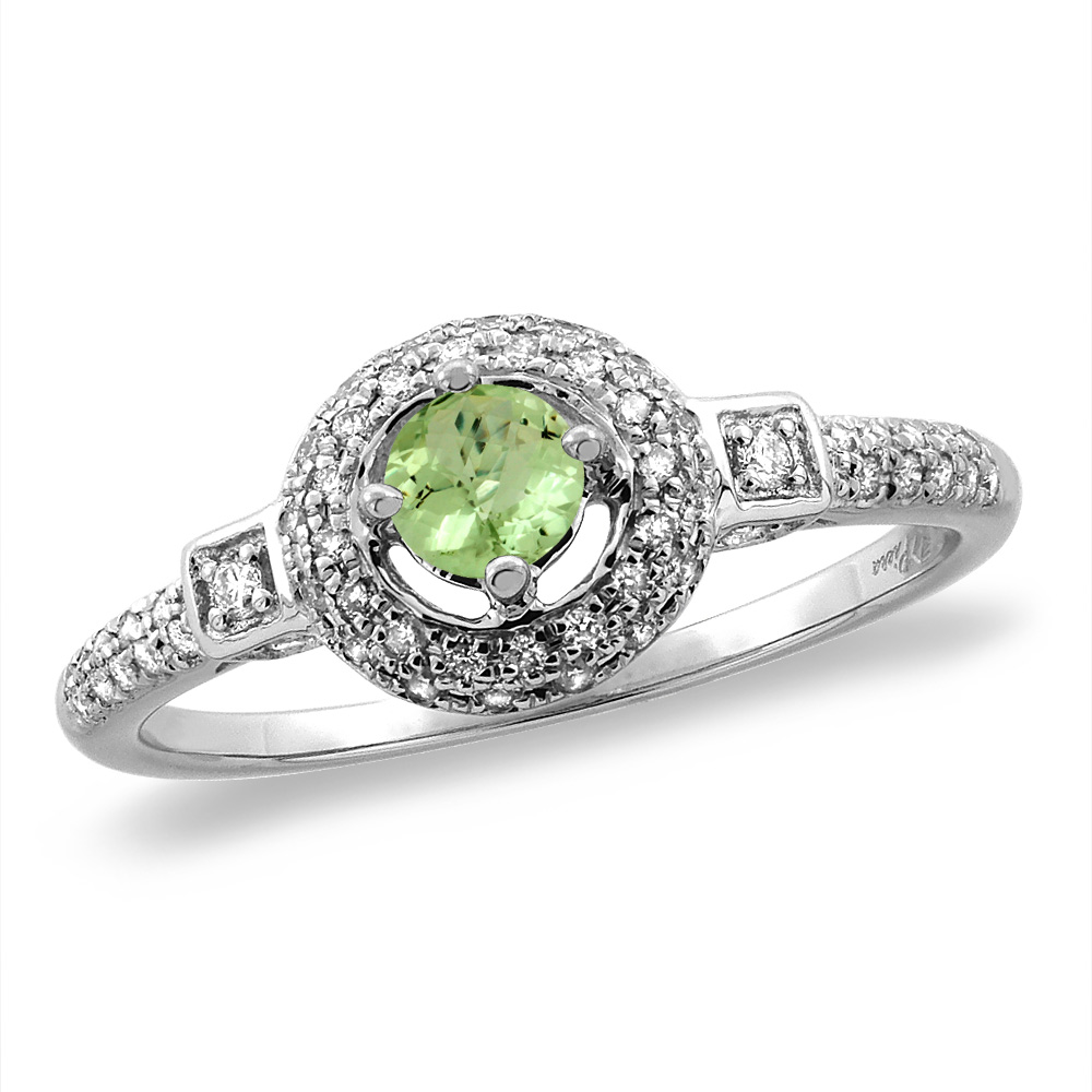 14K White/Yellow Gold Diamond Natural Peridot Halo Engagement Ring Round 4 mm, sizes 5 -10
