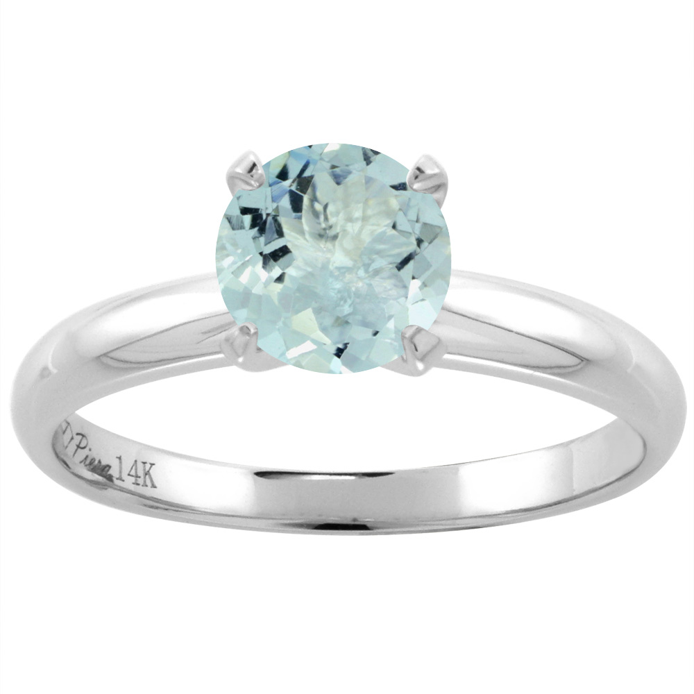 14K White Gold Natural Aquamarine Solitaire Engagement Ring Round 7 mm, sizes 5-10