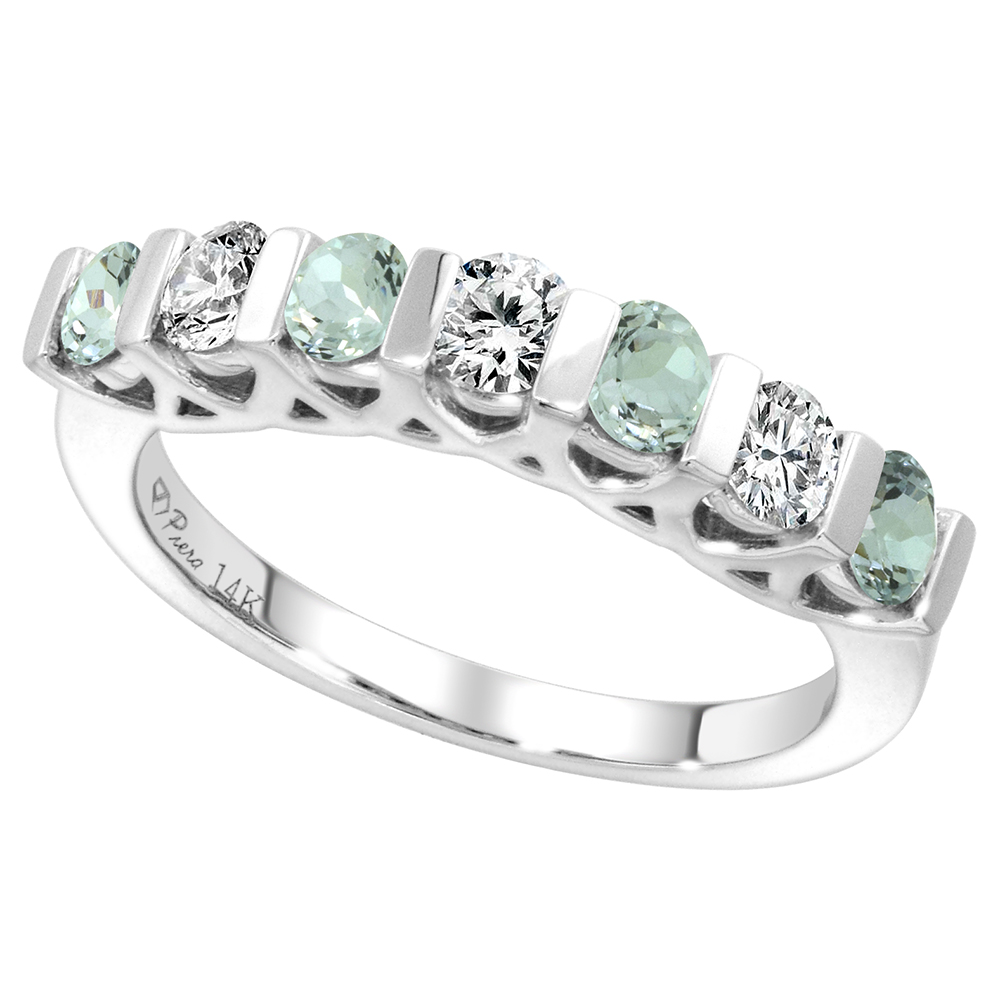 14k White Gold Genuine Aquamarine and Diamond 7-Stone Ring Round Brilliant cut 0.35cttw 3mm, size 5-10