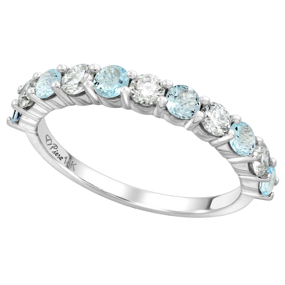 14k White Gold Genuine Aquamarine & Diamond 11 Stone Ring Round Brilliant cut 0.6ct 3mm, size 5-10