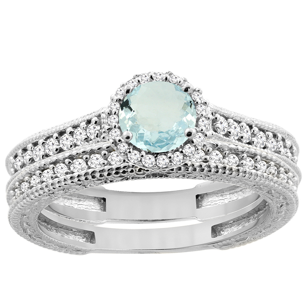 14K White Gold Natural Aquamarine Round 5mm Engagement Ring 2-piece Set Diamond Accents, sizes 5 - 10