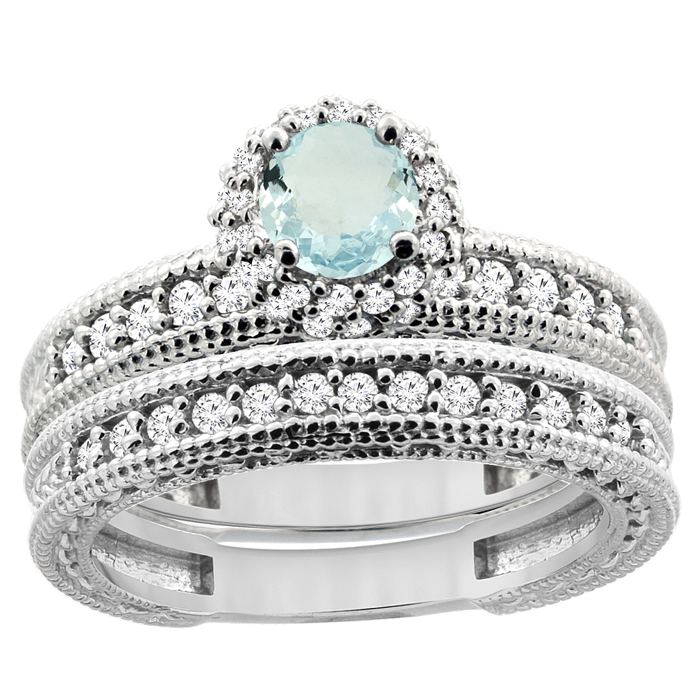 14K White Gold Diamond Natural Aquamarine Round 4mm Engagement Ring 2-piece Set, sizes 5 - 10