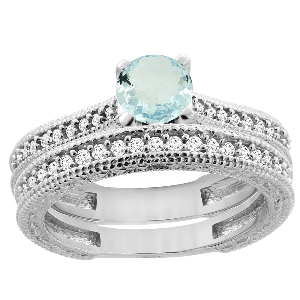 14K White Gold Natural Aquamarine Round 5mm Engraved Engagement Ring 2-piece Set Diamond Accents, sizes 5 - 10