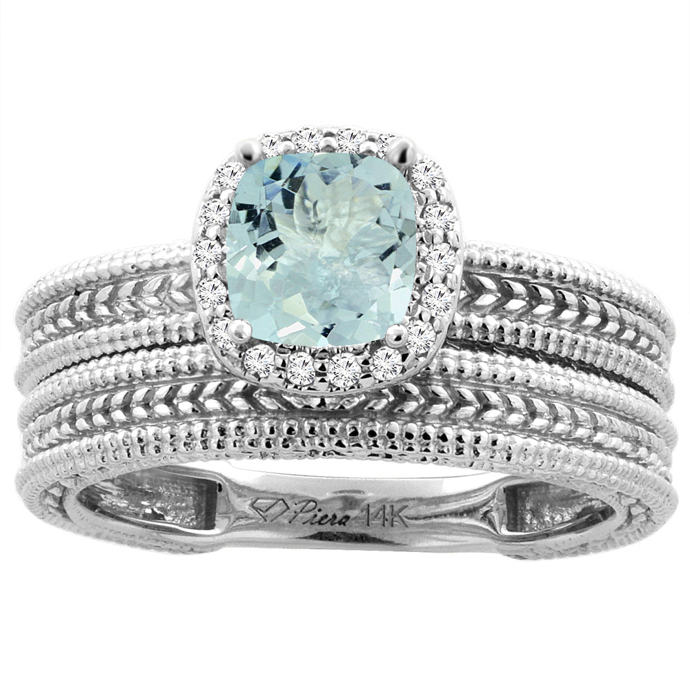 14K White Gold Diamond Natural Aquamarine 2-pc Engagement Ring Set Cushion 7x7 mm, sizes 5-10