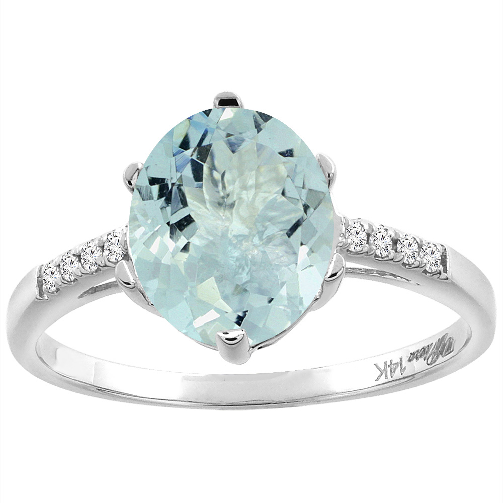 14K White Gold Natural Aquamarine & Diamond Ring Oval 10x8 mm, sizes 5-10