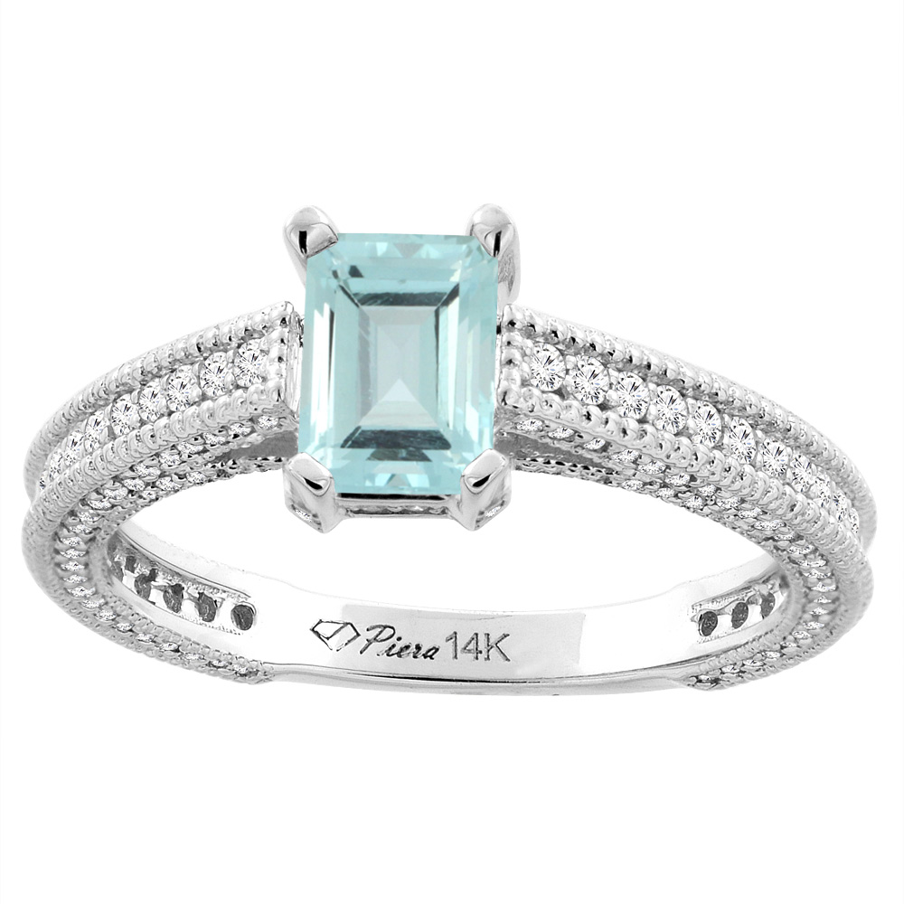 14K White Gold Natural Aquamarine & Diamond Ring Octagon 7x5 mm, sizes 5-10
