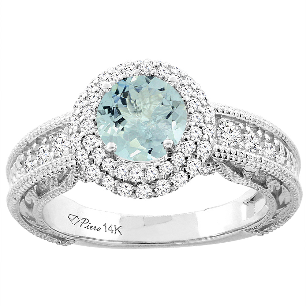 14K White Gold Natural Aquamarine & Diamond Halo Ring Round 6 mm, sizes 5-10