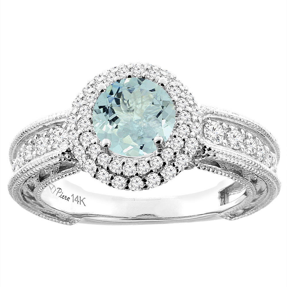 14K White Gold Natural Aquamarine & Diamond Halo Ring Round 6 mm, sizes 5-10