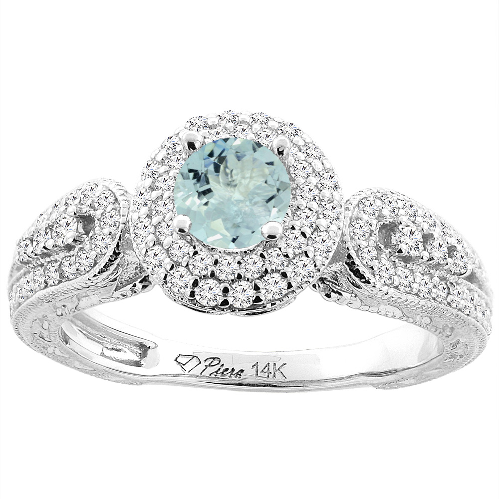 14K White Gold Natural Aquamarine & Diamond Halo Ring Round 5 mm, sizes 5-10