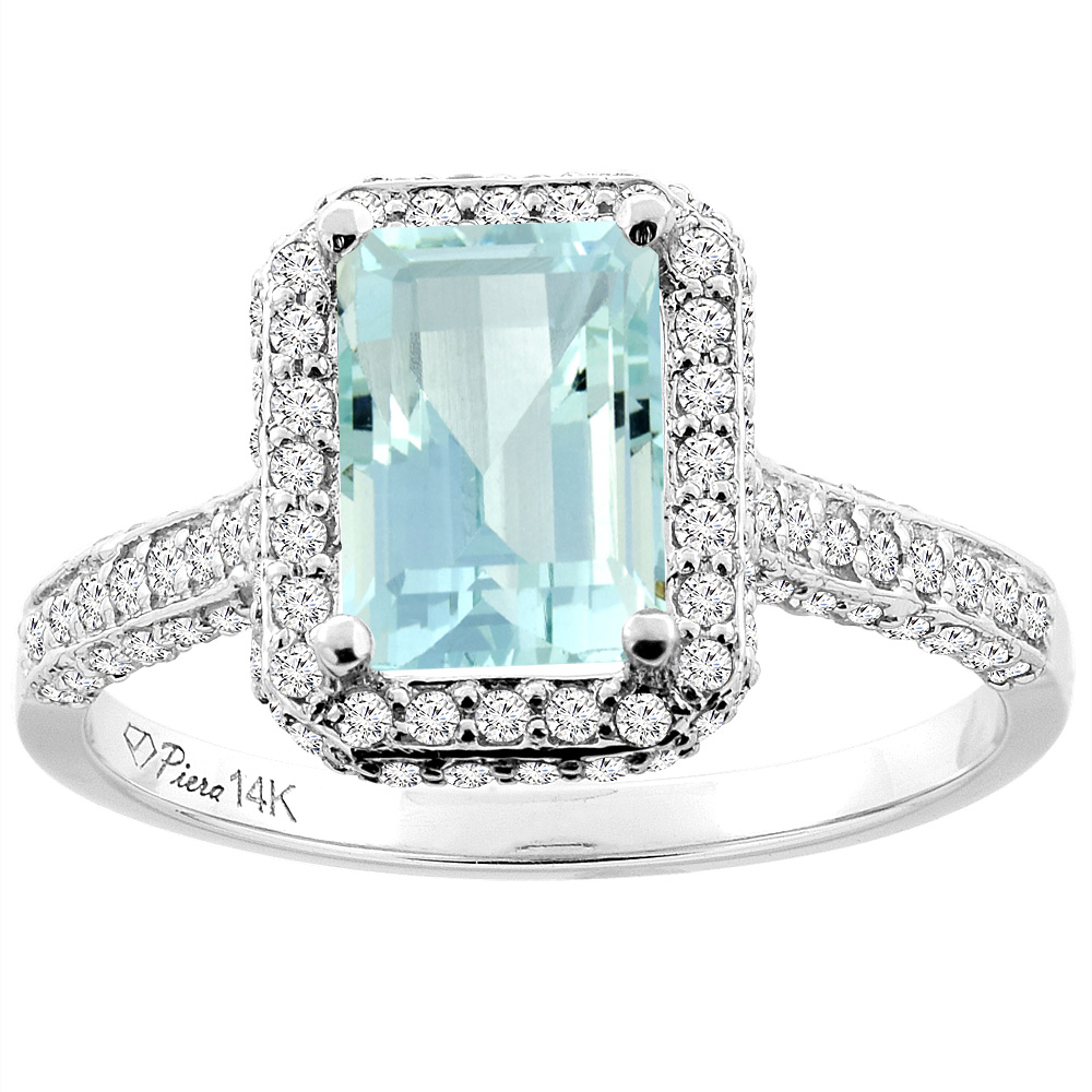 14K White Gold Natural Aquamarine Engagement Ring Octagon 8x6 mm, sizes 5-10