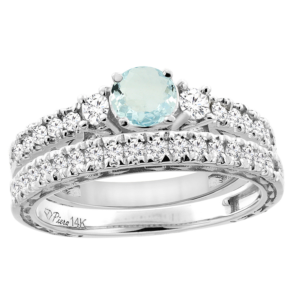 14K White Gold Diamond Natural Aquamarine Engagement 2-pc Ring Set Engraved Round 6 mm, sizes 5 - 10