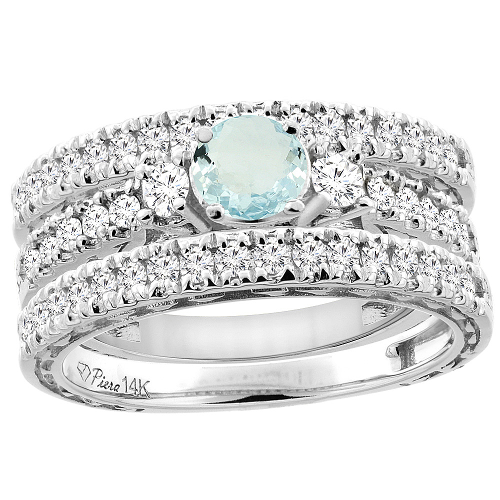 14K White Gold Diamond Natural Aquamarine Engagement 3-pc Ring Set Engraved Round 6 mm, sizes 5 - 10