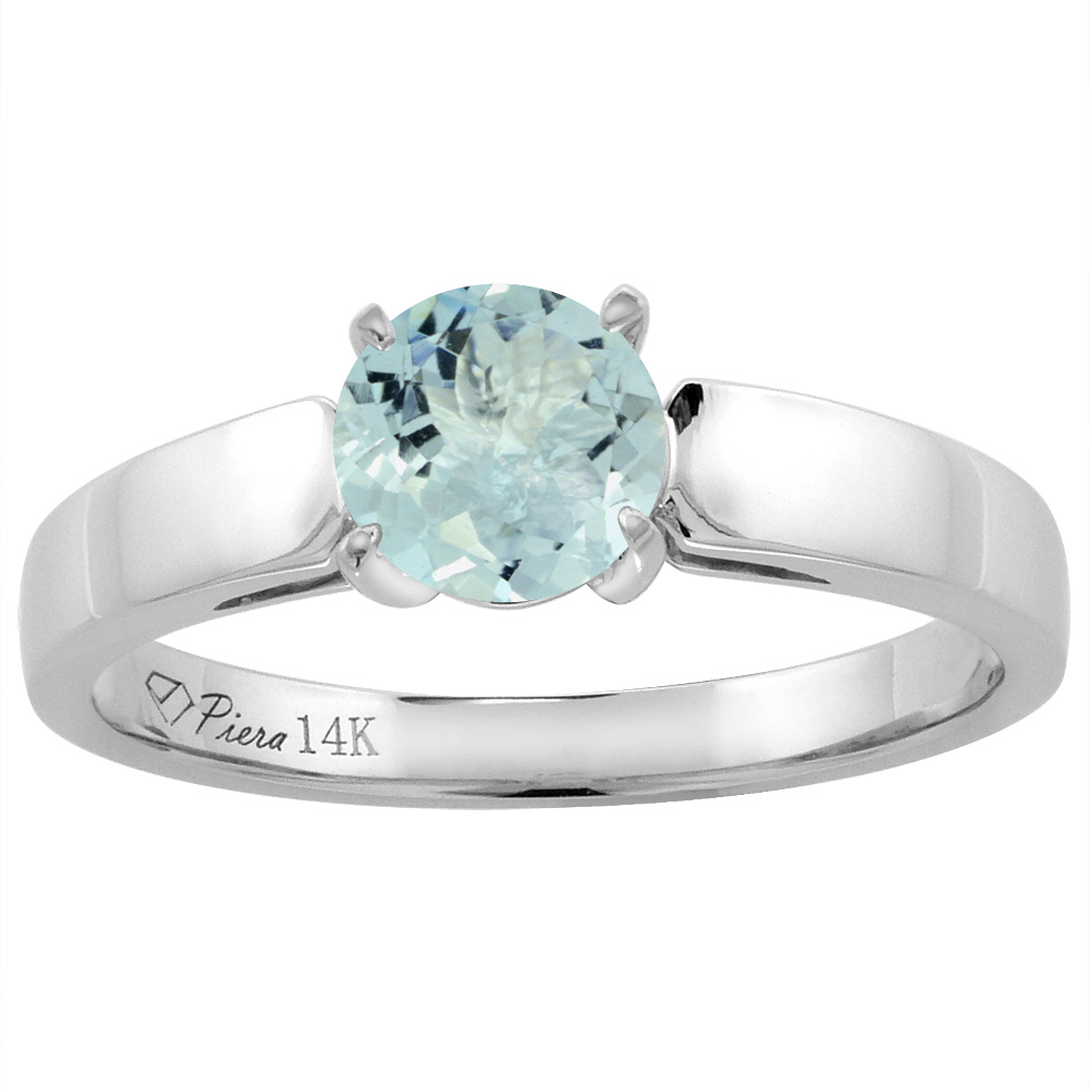14K White Gold Natural Aquamarine Solitaire Engagement Ring Round 7 mm, sizes 5-10
