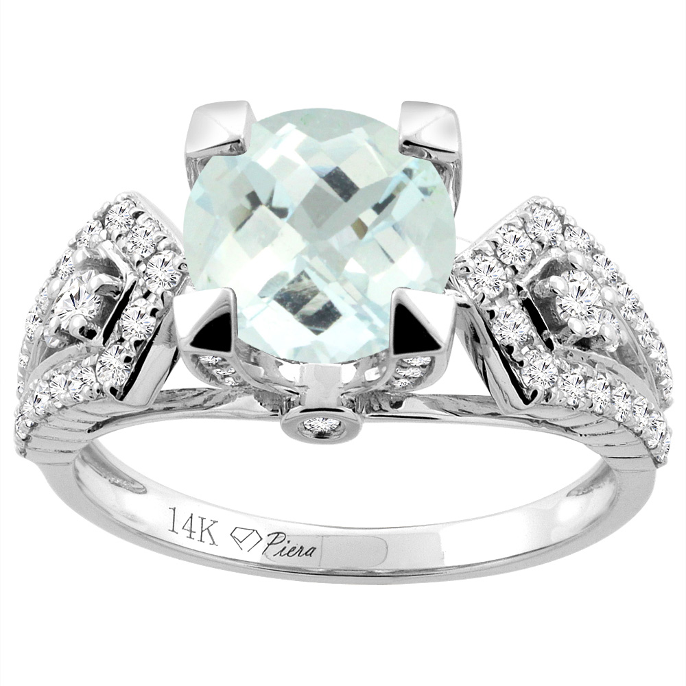 14K Gold Natural Aquamarine Ring Round 7 mm Diamond Accents, sizes 5 - 10