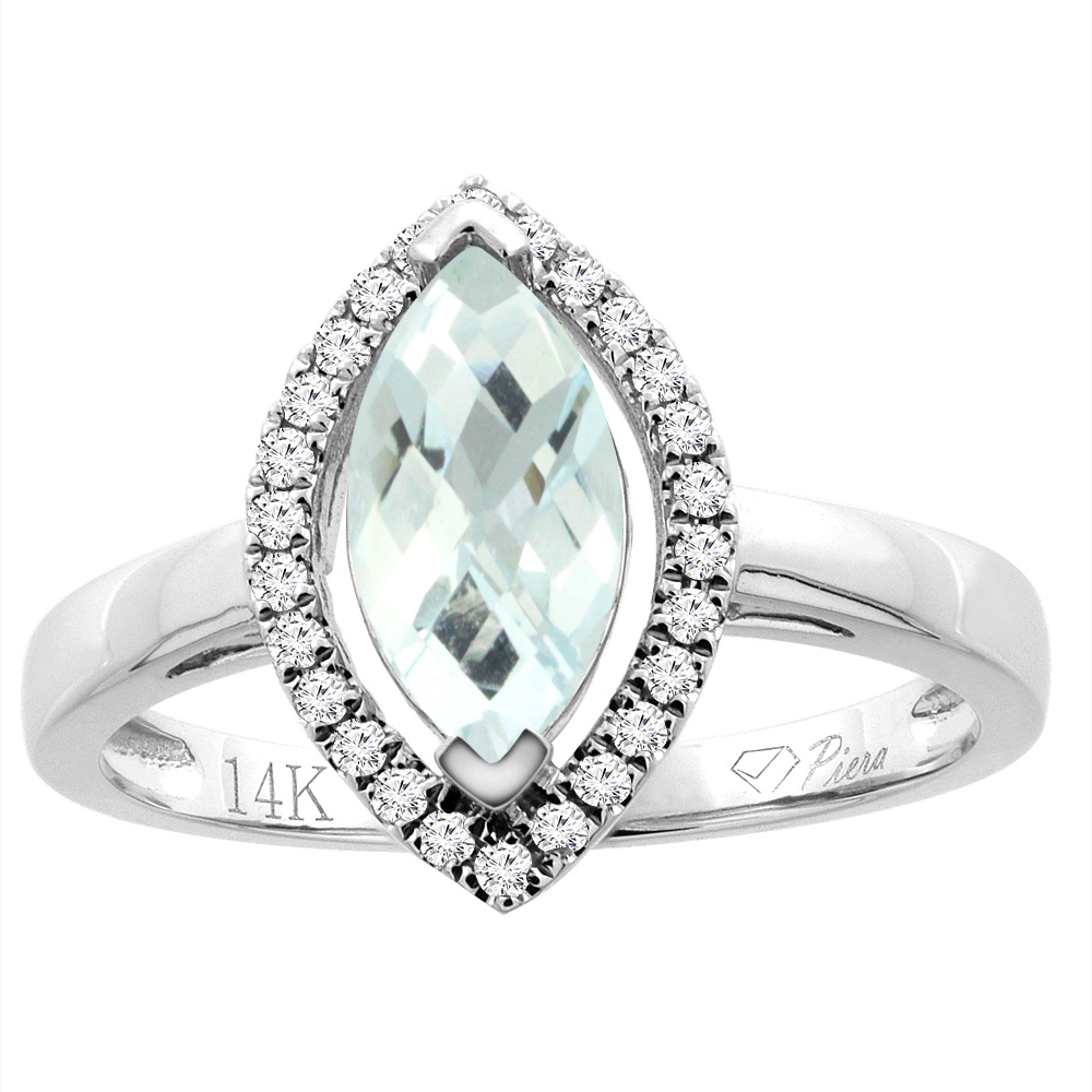 14K Gold Natural Aquamarine Halo Ring Marquise 10x5 mm Diamond Accents, sizes 5 - 10